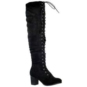 Womens Knee High Lace Up Boots Chunky Block Heel